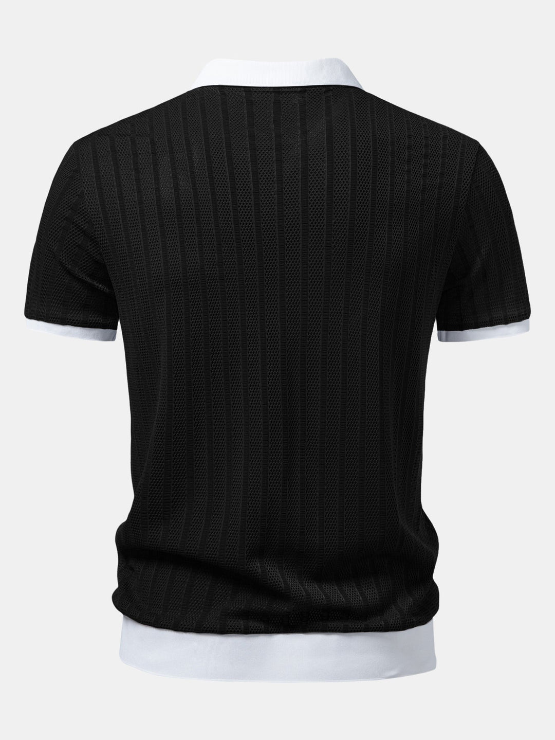Striped Textured Johnny Collar Open Knit Polo