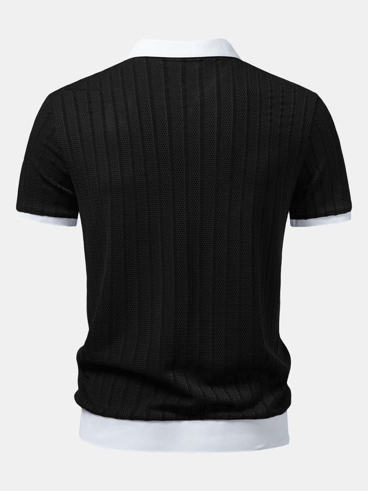 Striped Textured Johnny Collar Open Knit Polo