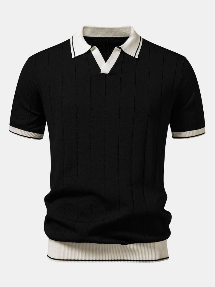 Contrast Trim Ribbed Johnny Collar Knit Polo & Slim Fit Tapered Trousers