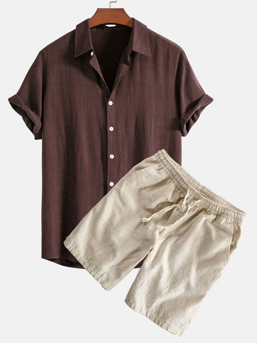 Linnen Rayon Mix Knopsluiting Shirt & Linnen Katoen Mix Touwsluiting Shorts