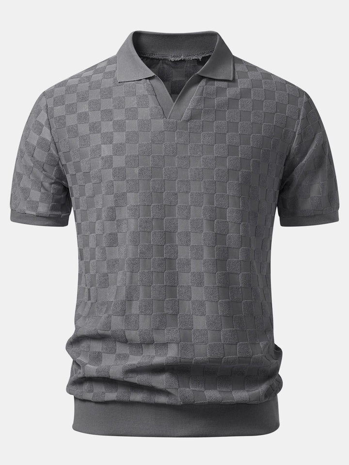 Checkerboard V-Neck Knit Polo