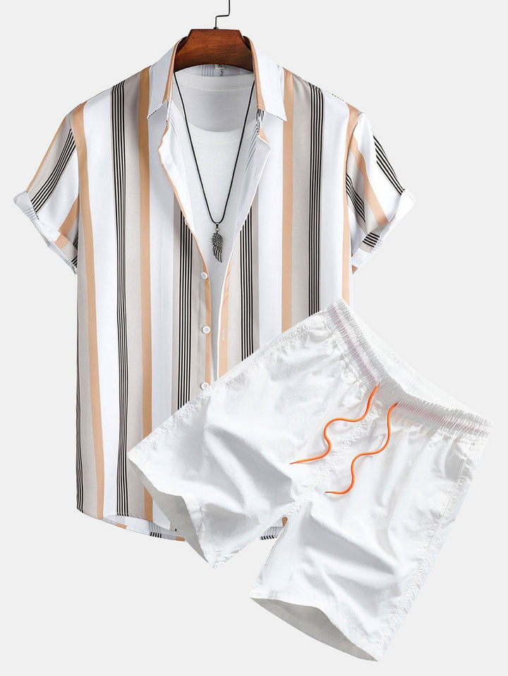 Gestreepte Print Knop-Up Shirt & Zwemshorts