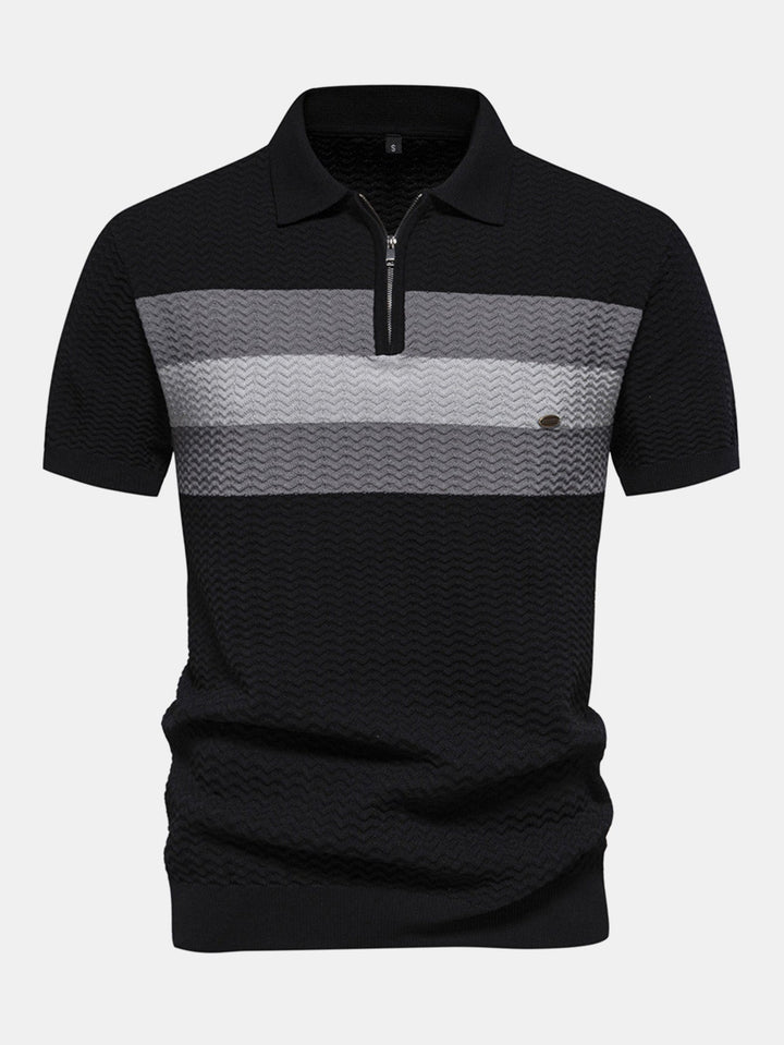 Contrast Textured Jacquard Gebreid Zip Up Polo Shirt