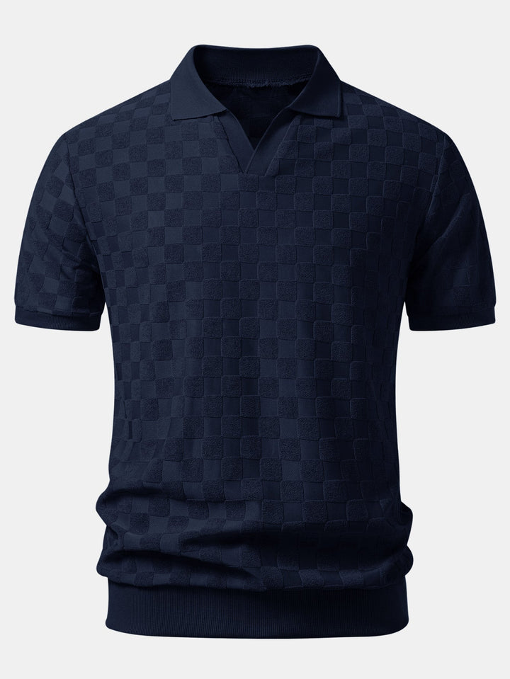 Checkerboard V-Neck Knit Polo