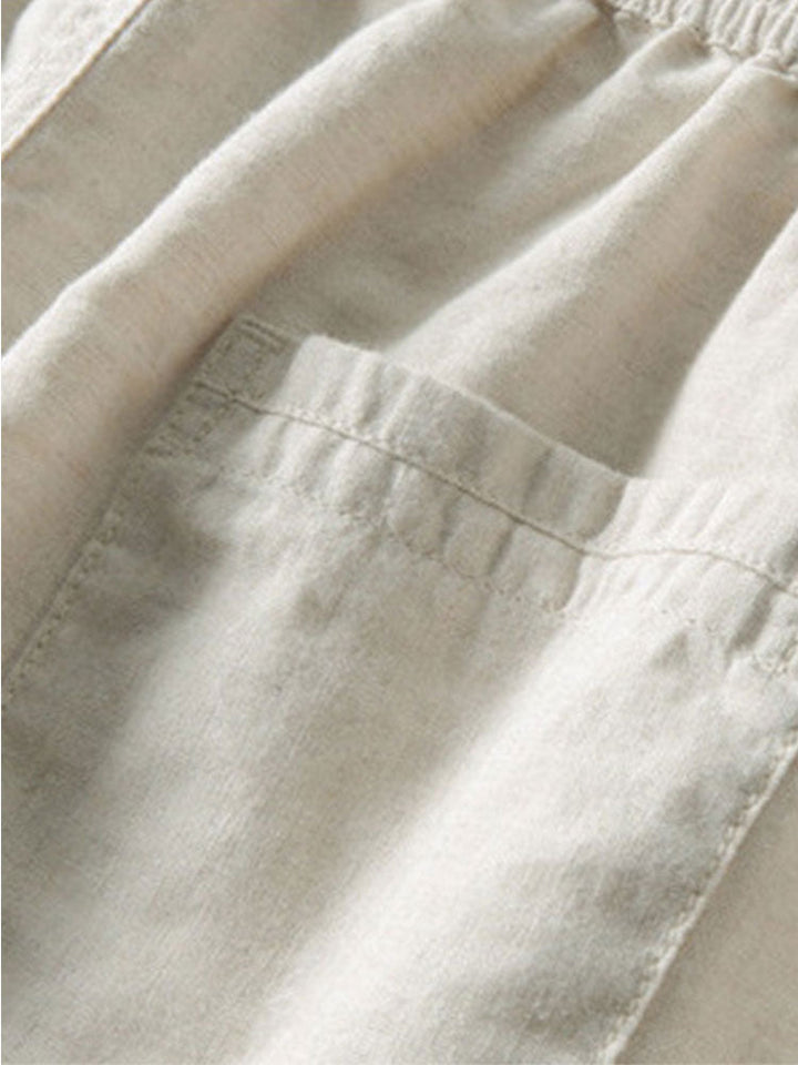 Relax Fit Crocheted V Neck Polo & Straight Leg Linen Pants