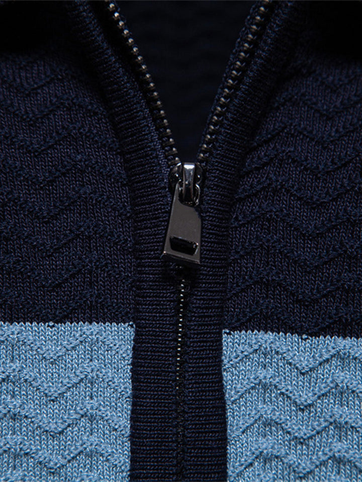 Contrast Textured Jacquard Gebreid Zip Up Polo Shirt