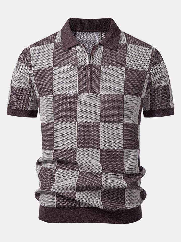 Checkerboard Crocheted Zipper Knit Polo