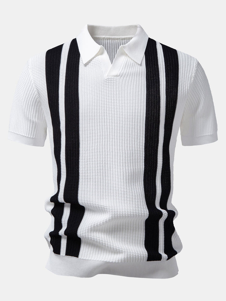 Stripe Johnny Collar Knit Polo & Straight Leg Ribbed Pants