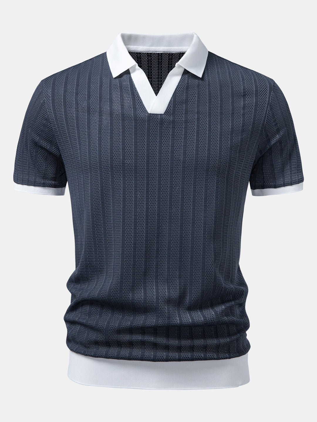Striped Textured Johnny Collar Open Knit Polo