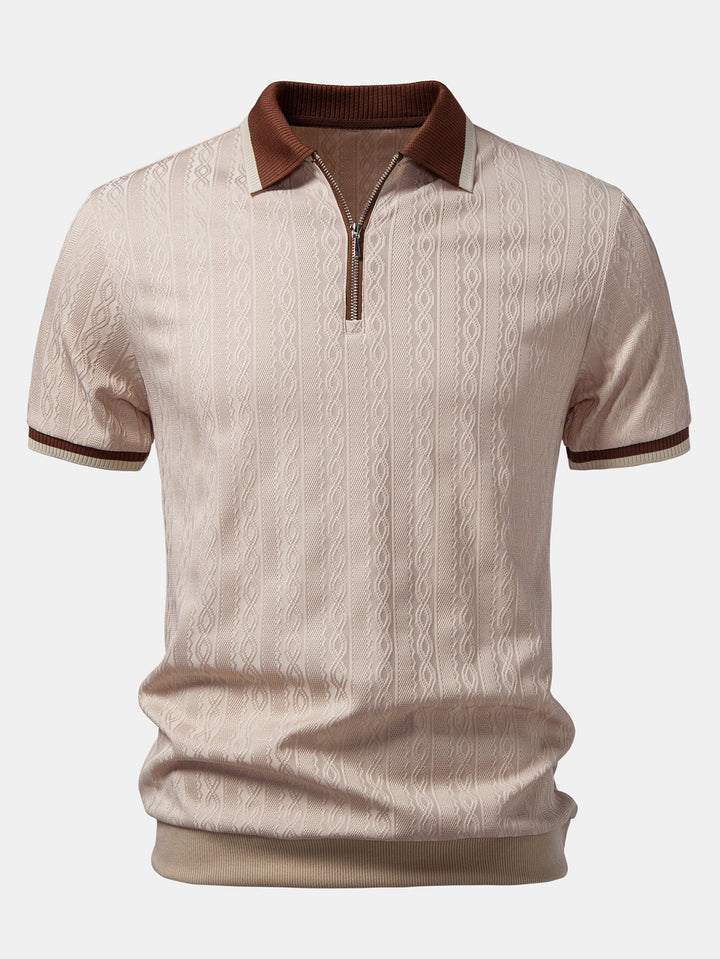 Contrast Trim Textured Zipper Knit Polo & Slim Fit Tapered Trousers