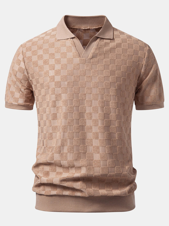 Checkerboard V-Neck Knit Polo