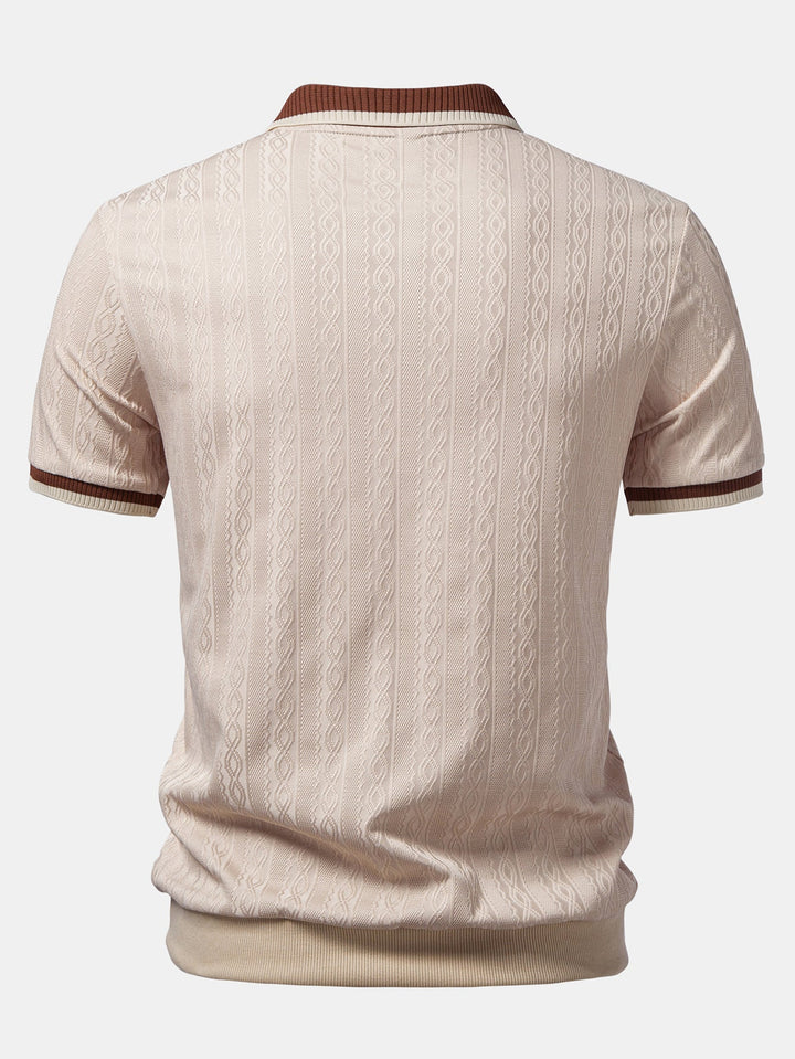 Contrast Trim Textured Zipper Knit Polo & Slim Fit Tapered Trousers