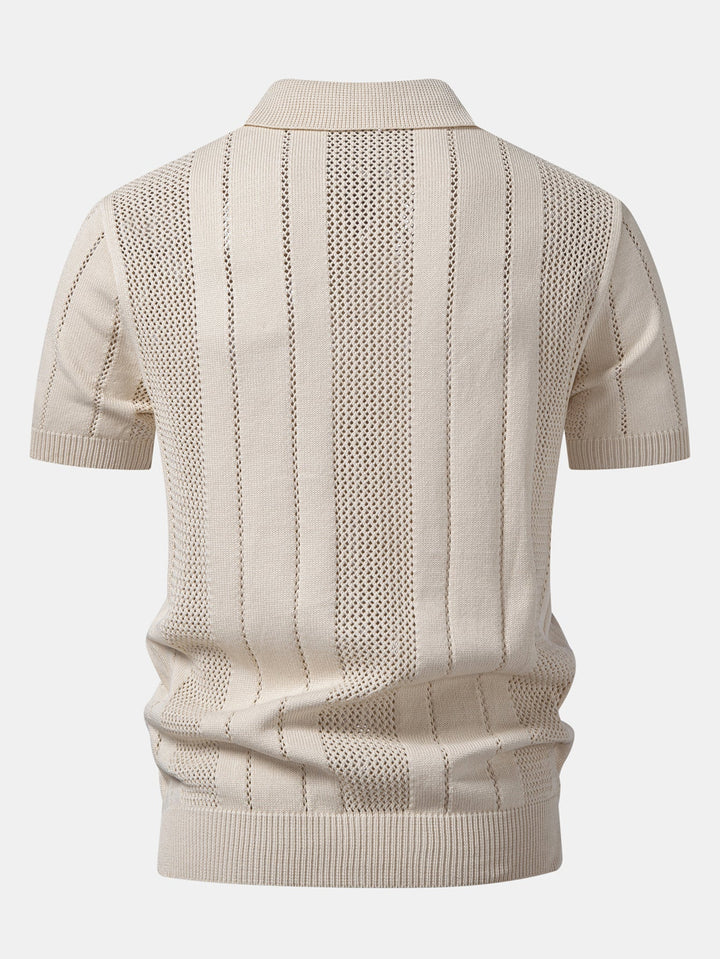 Johnny Collar Striped Open Knit Polo