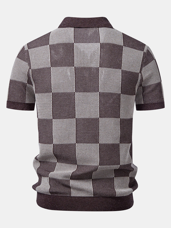 Checkerboard Crocheted Zipper Knit Polo
