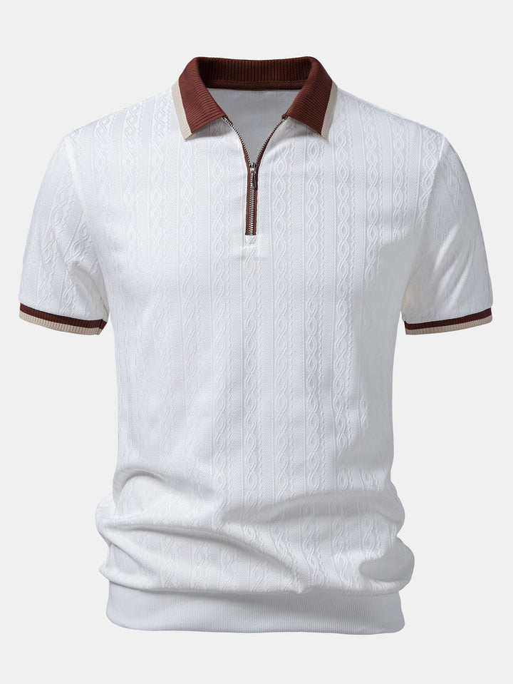 Contrast Trim Textured Zipper Knit Polo & Slim Fit Tapered Trousers