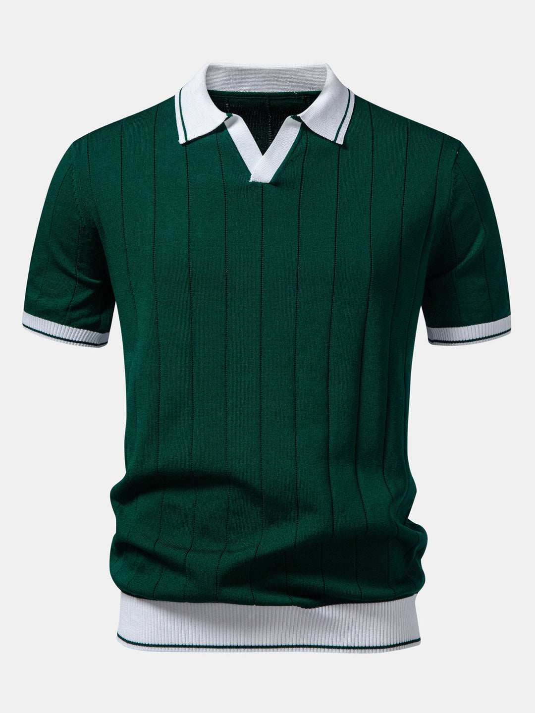 Contrast Trim Ribbed Johnny Collar Knit Polo & Slim Fit Tapered Trousers