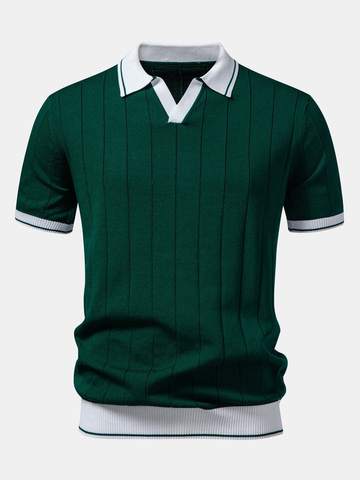 Contrast Trim Ribbed Johnny Collar Knit Polo & Slim Fit Tapered Trousers