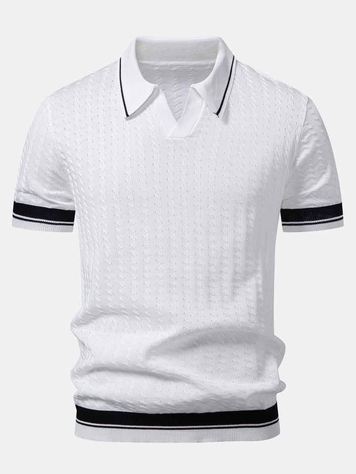 Contrast Trim Textured Johnny Collar Knit Polo