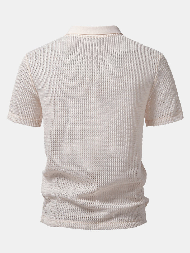 Relax Fit Crocheted V Neck Polo & Straight Leg Linen Pants