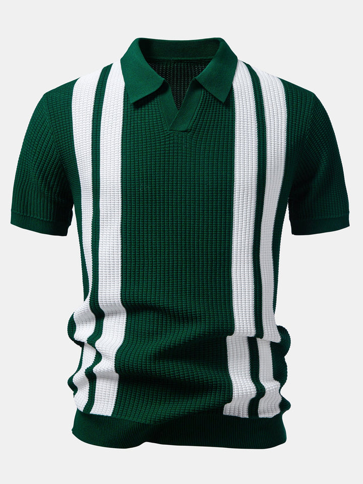 Stripe Johnny Collar Knit Polo & Straight Leg Ribbed Pants