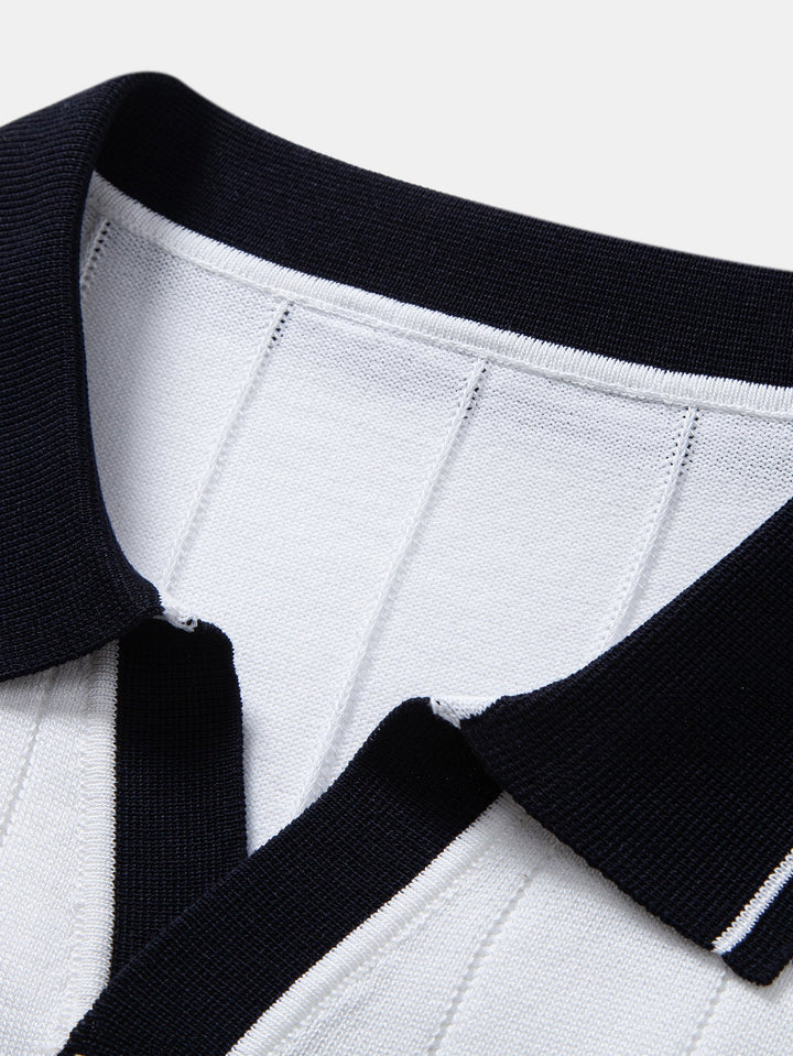 Contrast Trim Ribbed Johnny Collar Knit Polo & Slim Fit Tapered Trousers