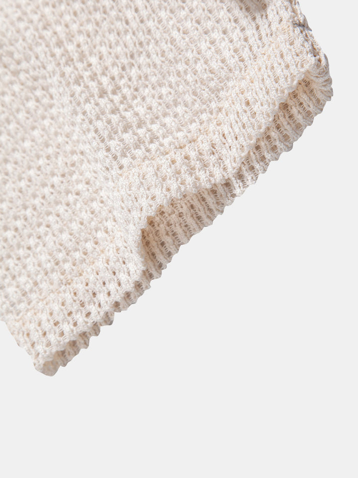 Relax Fit Crocheted V Neck Polo & Straight Leg Linen Pants