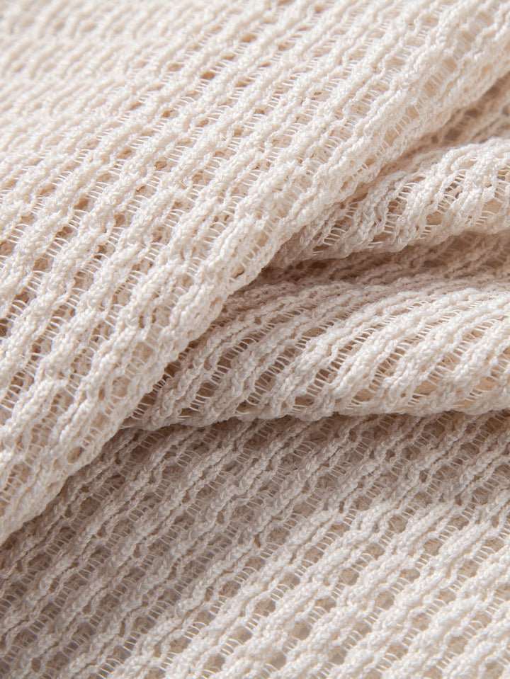 Relax Fit Crocheted V Neck Polo & Straight Leg Linen Pants