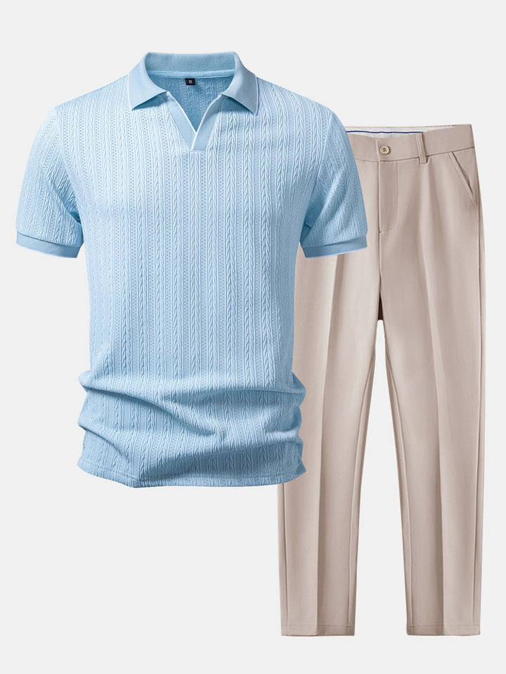 Geometric Jacquard Johnny Collar Polo & Slim Fit Tapered Trousers