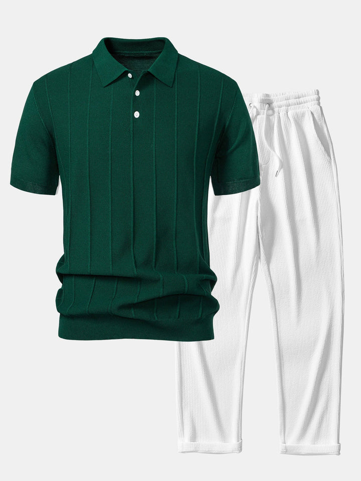 Stripe Jacquard Gebreid Polo Shirt & Rechte Ribbroek