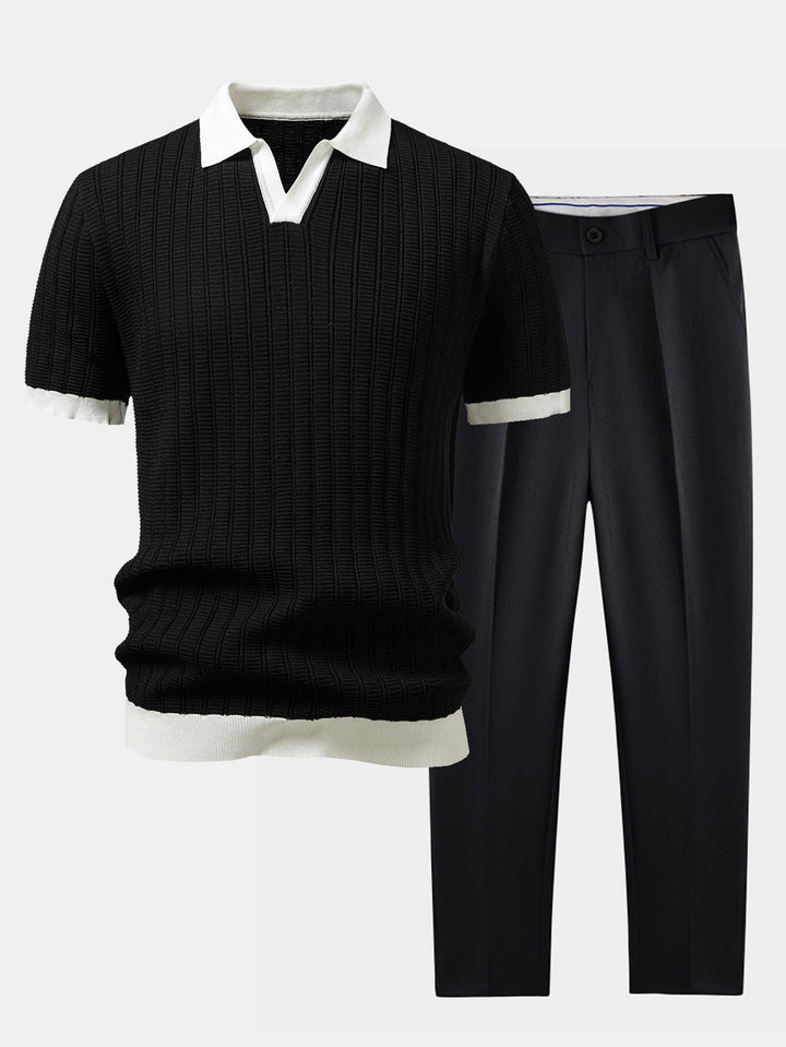 Contrast Textured Johnny Collar Knit Polo & Slim Fit Tapered Trousers