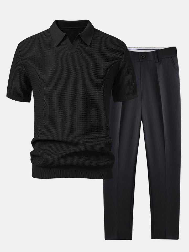 Golf Jacquard Gebreide V-hals Polo Shirt & Slim Fit Toegelopte Broek