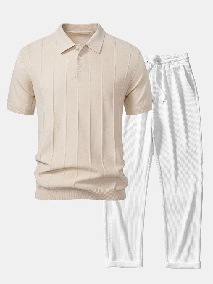 Stripe Jacquard Gebreid Polo Shirt & Rechte Ribbroek