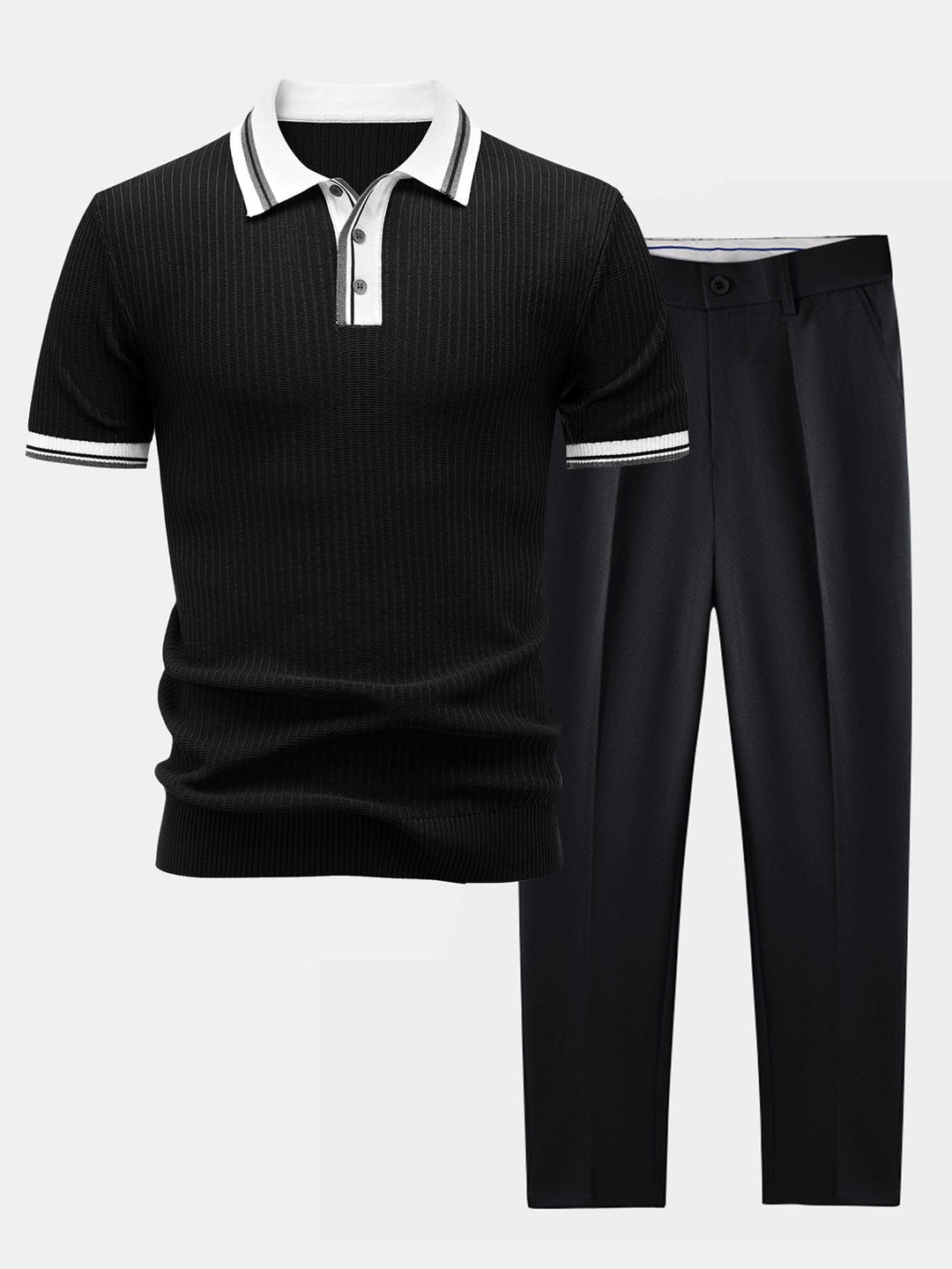 Contrast Trim Knit Polo Shirt & Slim Fit Tapered Trousers