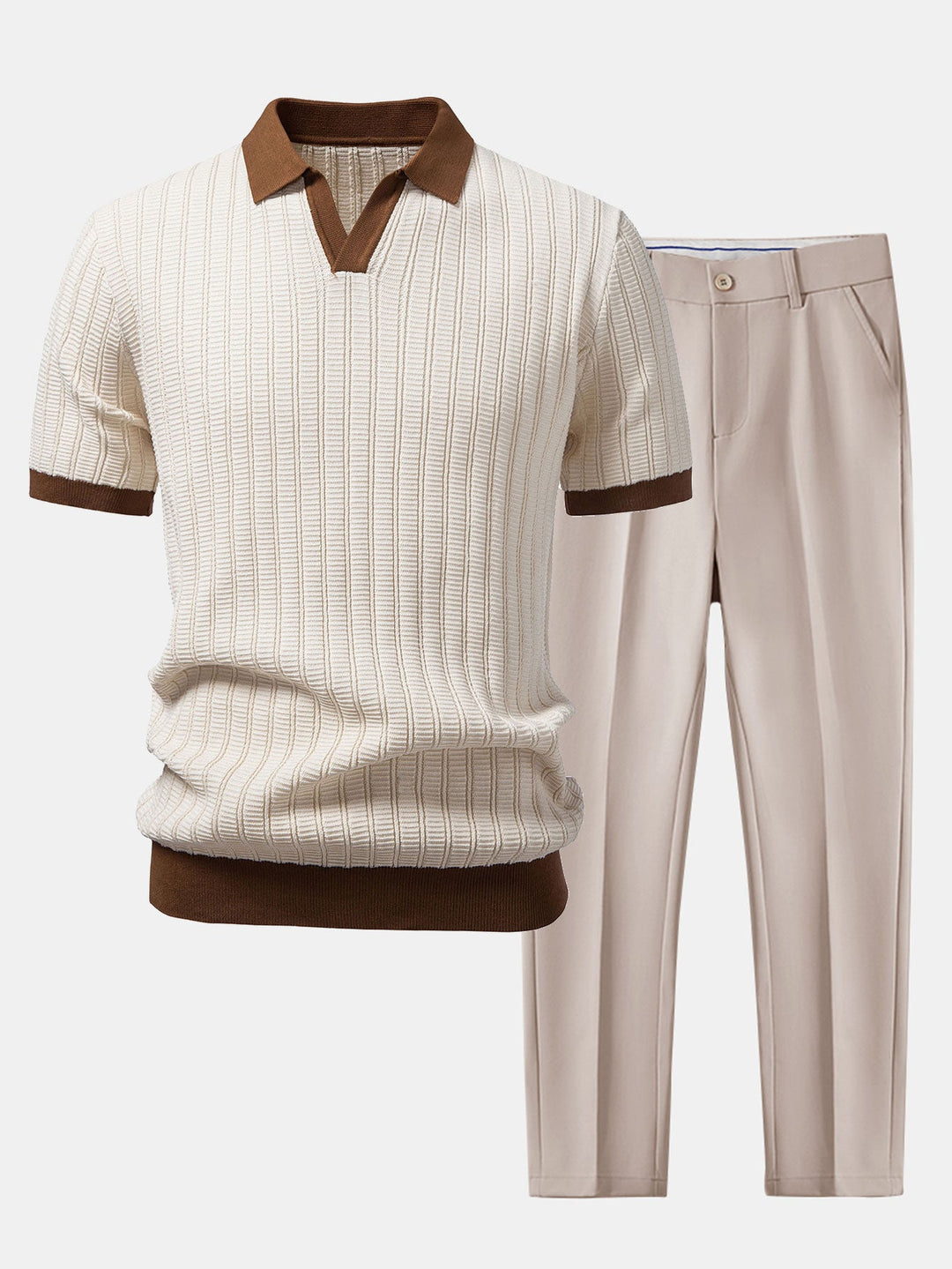 Contrast Textured Johnny Collar Knit Polo & Slim Fit Tapered Trousers