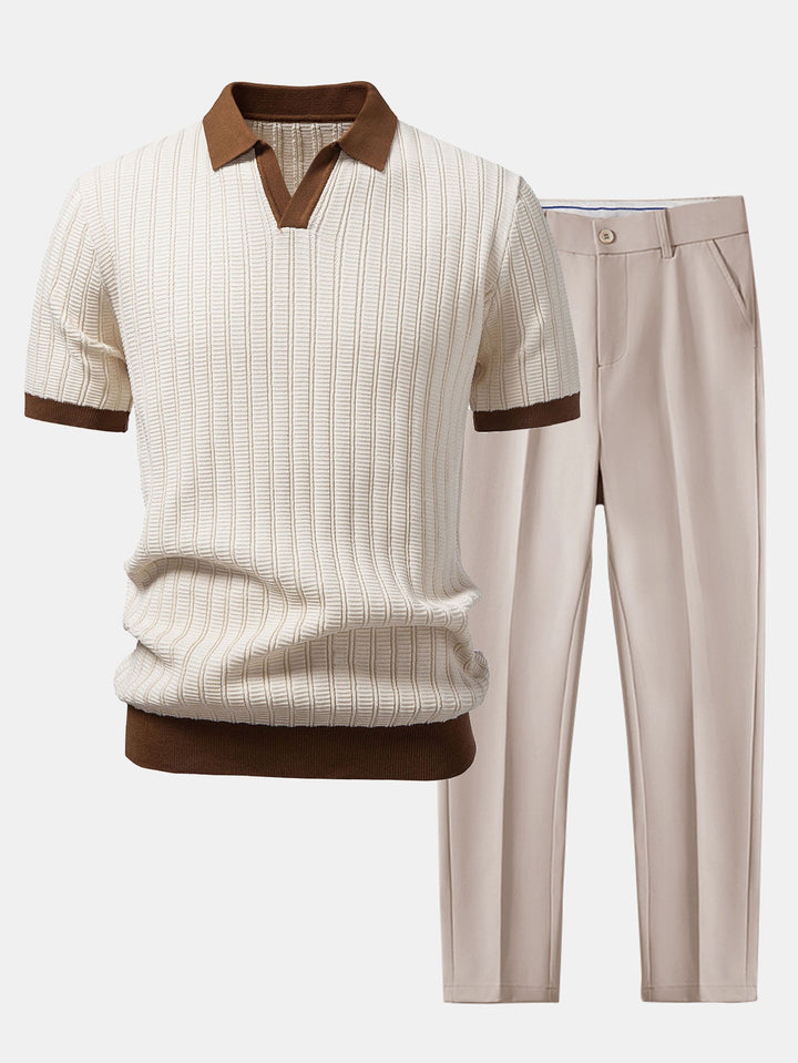 Contrast Textured Johnny Collar Knit Polo & Slim Fit Tapered Trousers