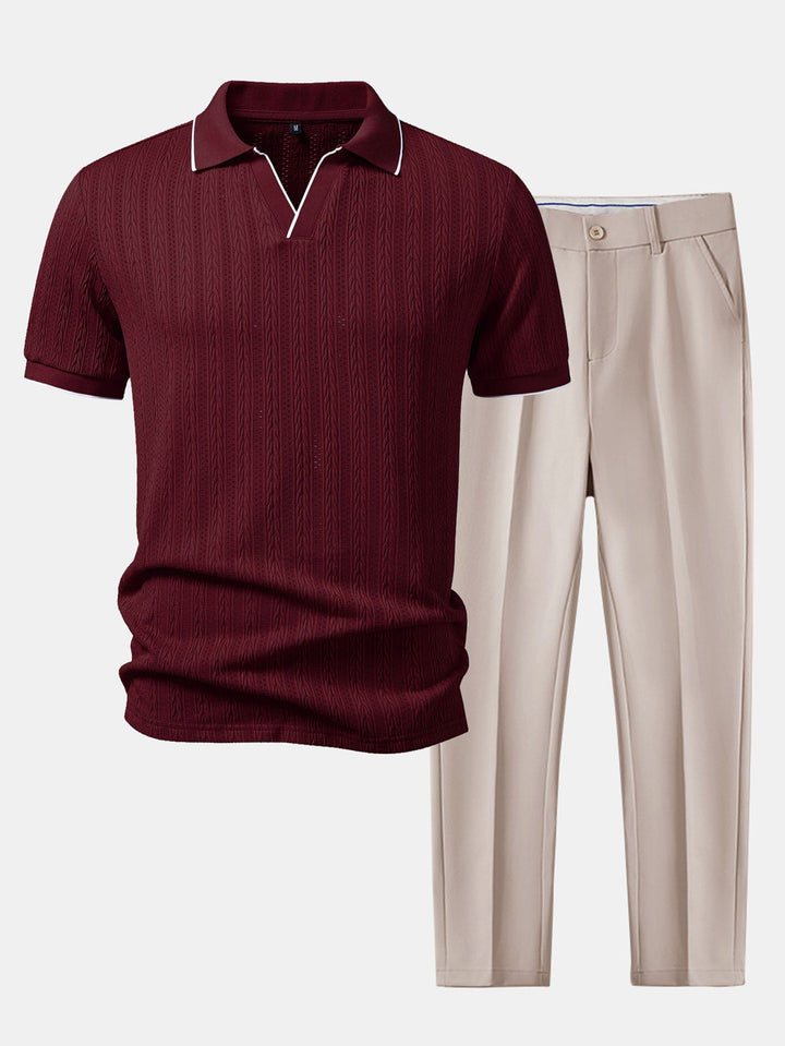 Geometric Jacquard Johnny Collar Polo & Slim Fit Tapered Trousers