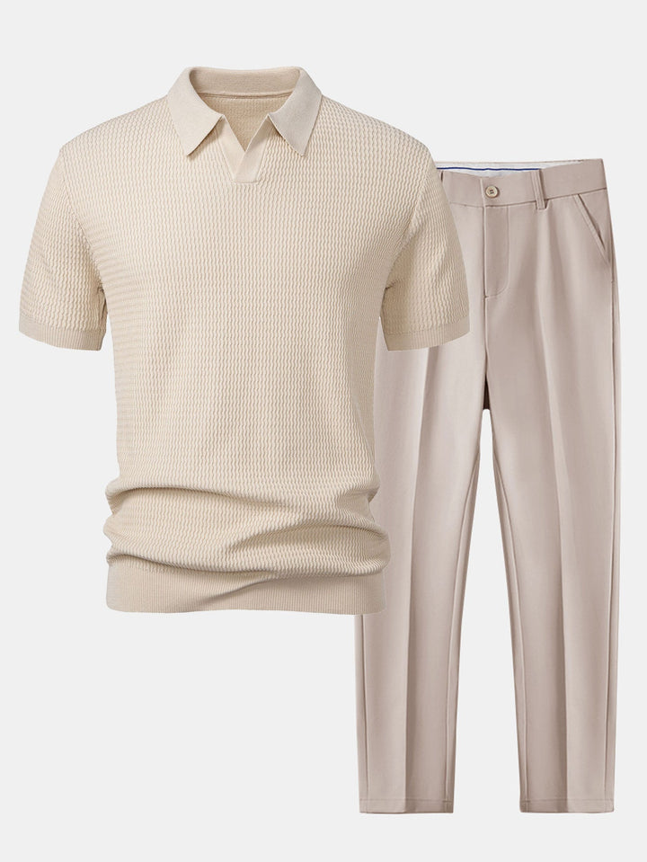 Golf Jacquard Gebreide V-hals Polo Shirt & Slim Fit Toegelopte Broek