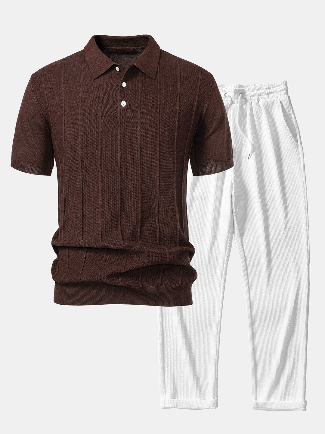 Stripe Jacquard Gebreid Polo Shirt & Rechte Ribbroek