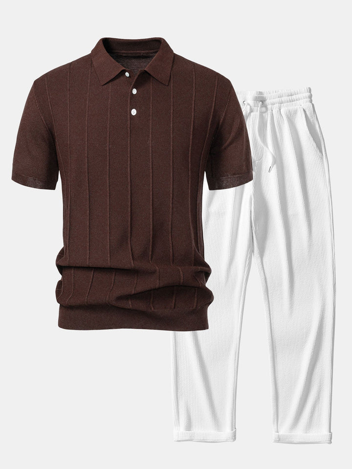 Stripe Jacquard Gebreid Polo Shirt & Rechte Ribbroek