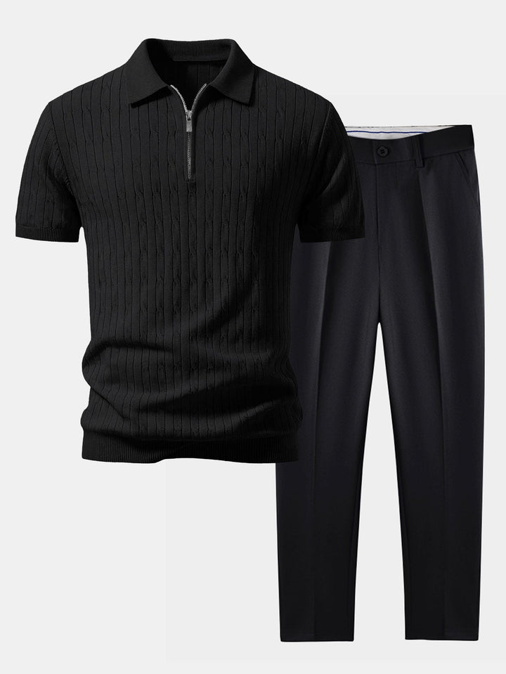 Twisted Jacquard Zipper Knit Polo & Slim Fit Tapered Trousers