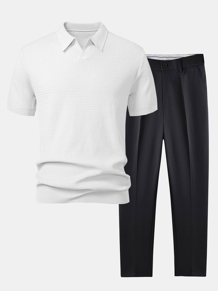 Golf Jacquard Gebreide V-hals Polo Shirt & Slim Fit Toegelopte Broek