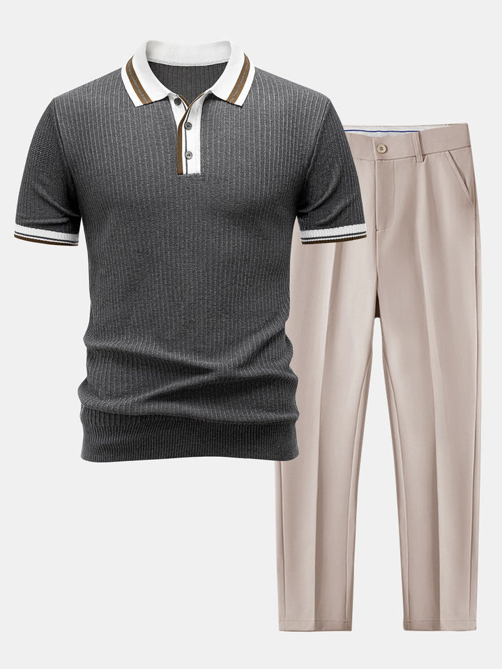 Contrast Trim Knit Polo Shirt & Slim Fit Tapered Trousers