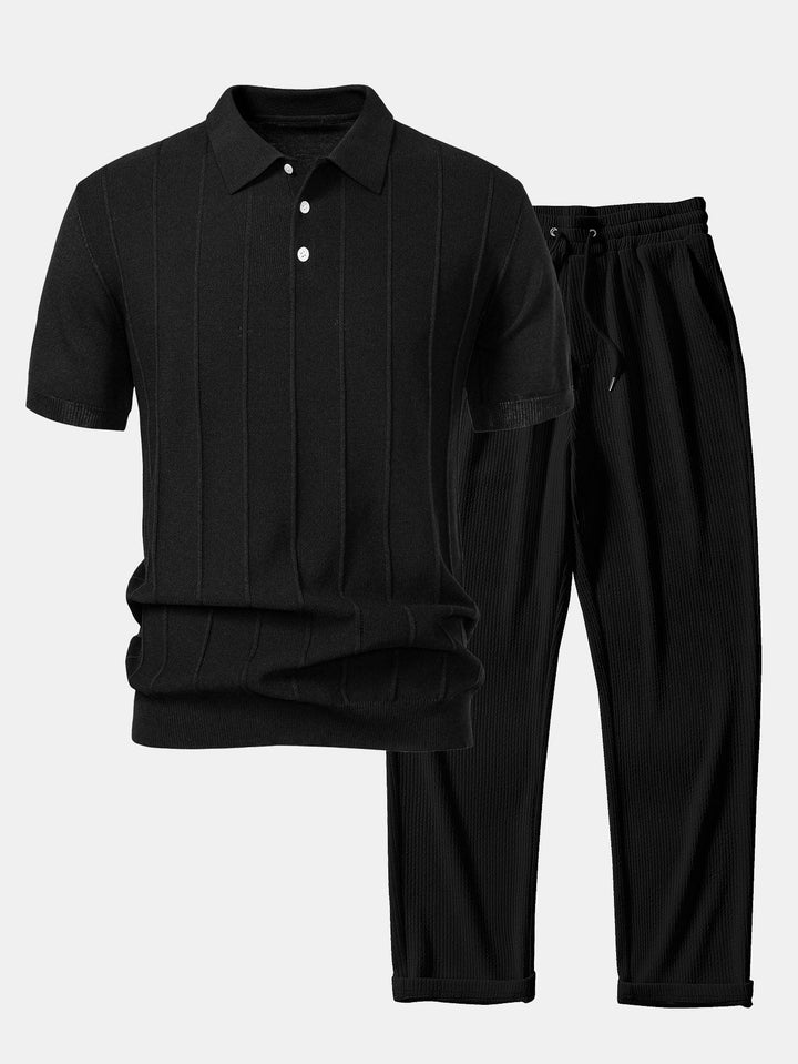 Stripe Jacquard Gebreid Polo Shirt & Rechte Ribbroek