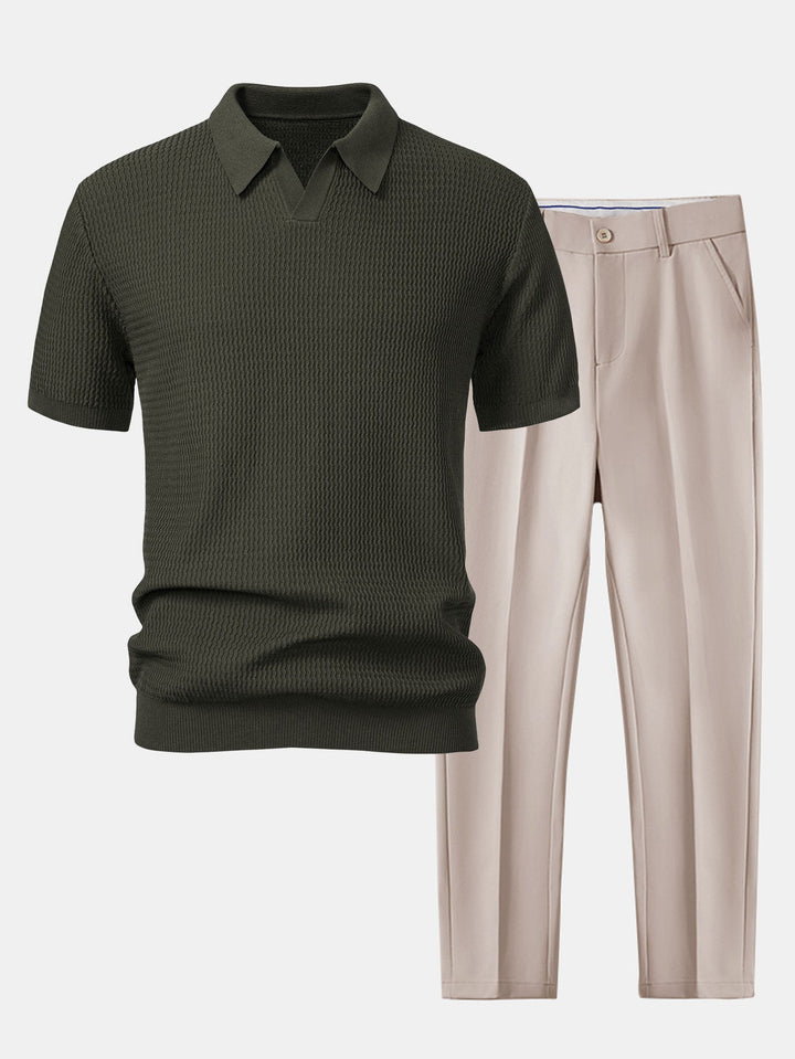 Golf Jacquard Gebreide V-hals Polo Shirt & Slim Fit Toegelopte Broek