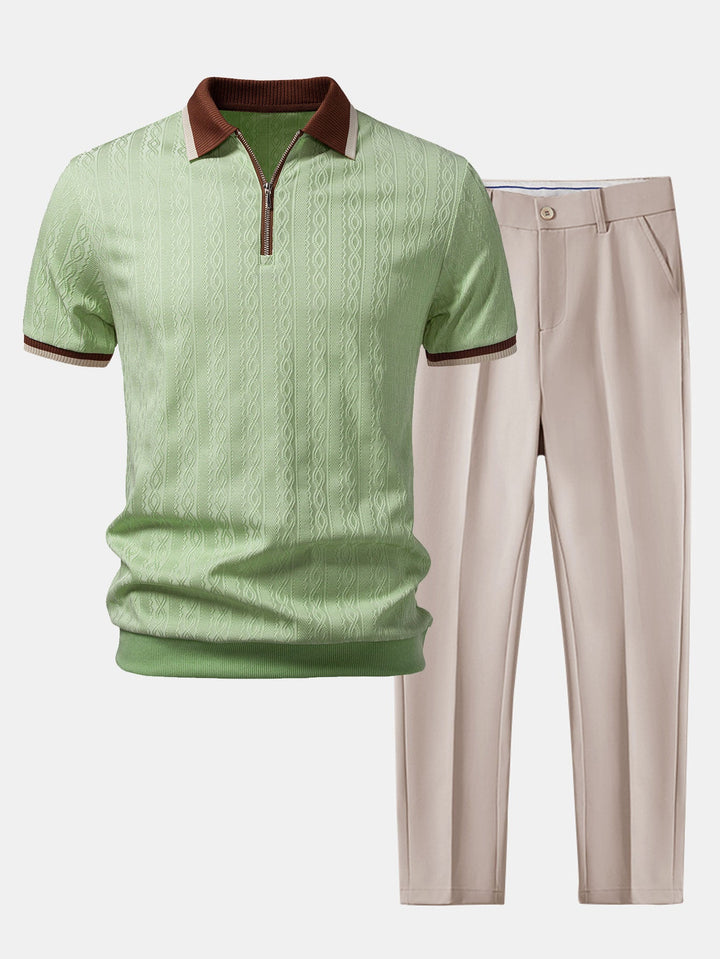 Contrast Trim Textured Zipper Knit Polo & Slim Fit Tapered Trousers