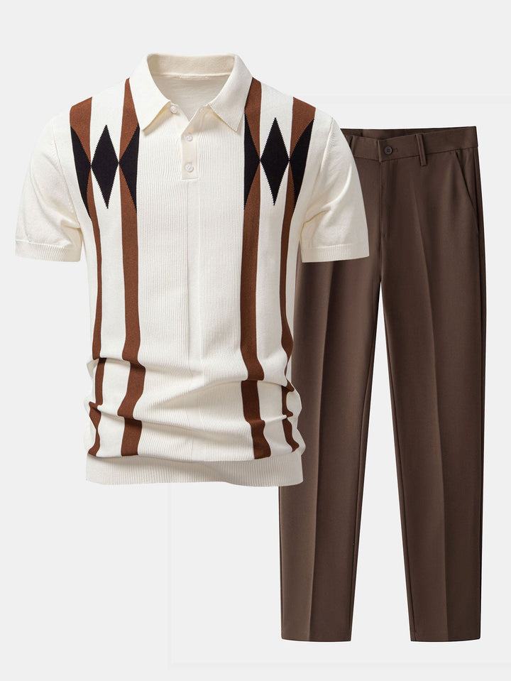 Gestreept geometrisch jacquard gebreid Polo shirt & slim fit taps toelopende broek