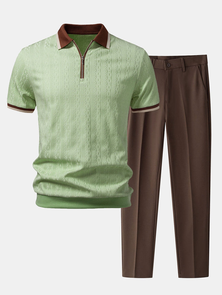Contrast Trim Textured Zipper Knit Polo & Slim Fit Tapered Trousers