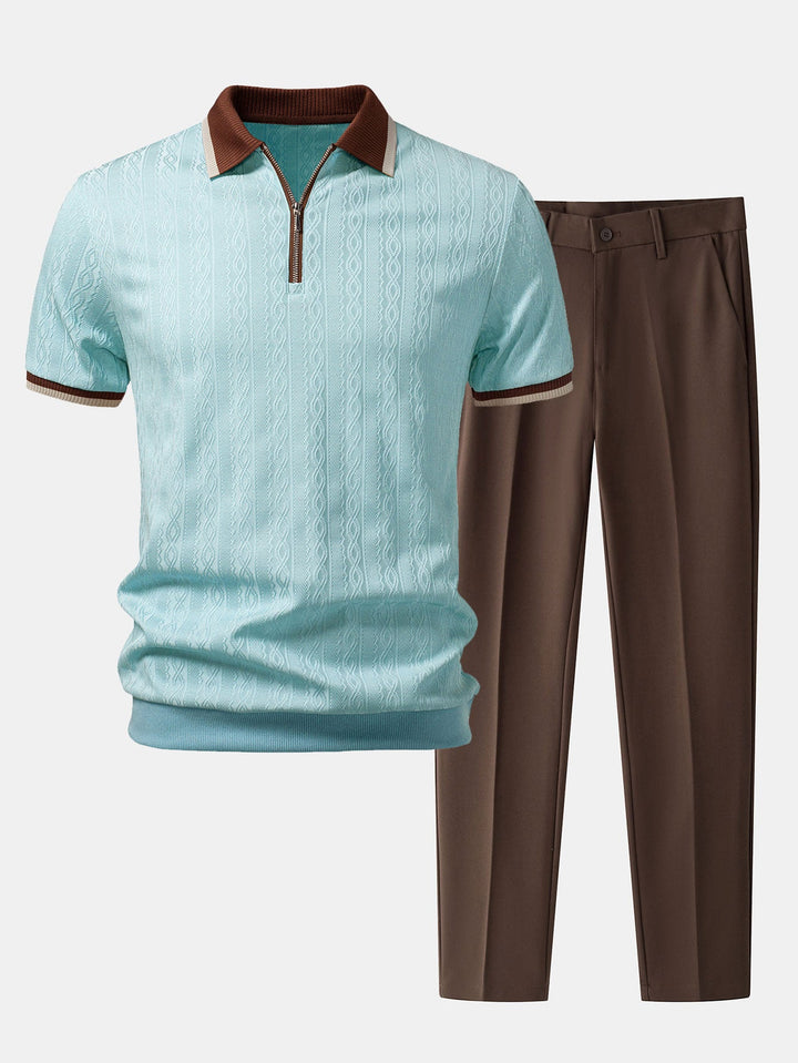 Contrast Trim Textured Zipper Knit Polo & Slim Fit Tapered Trousers