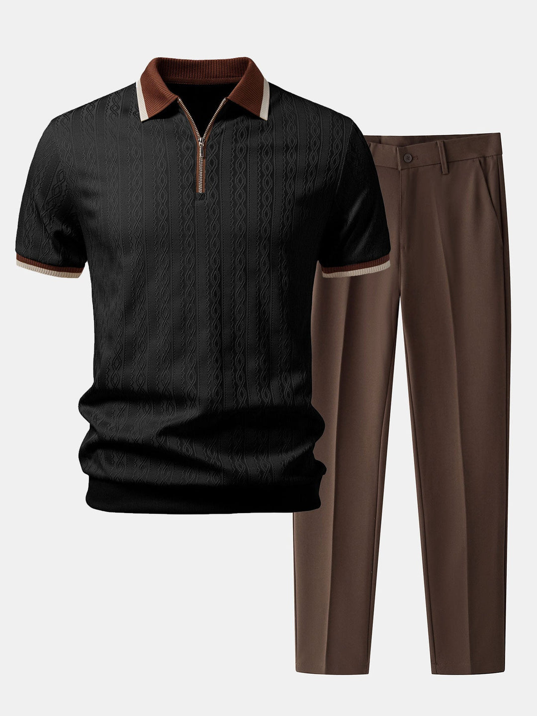 Contrast Trim Textured Zipper Knit Polo & Slim Fit Tapered Trousers