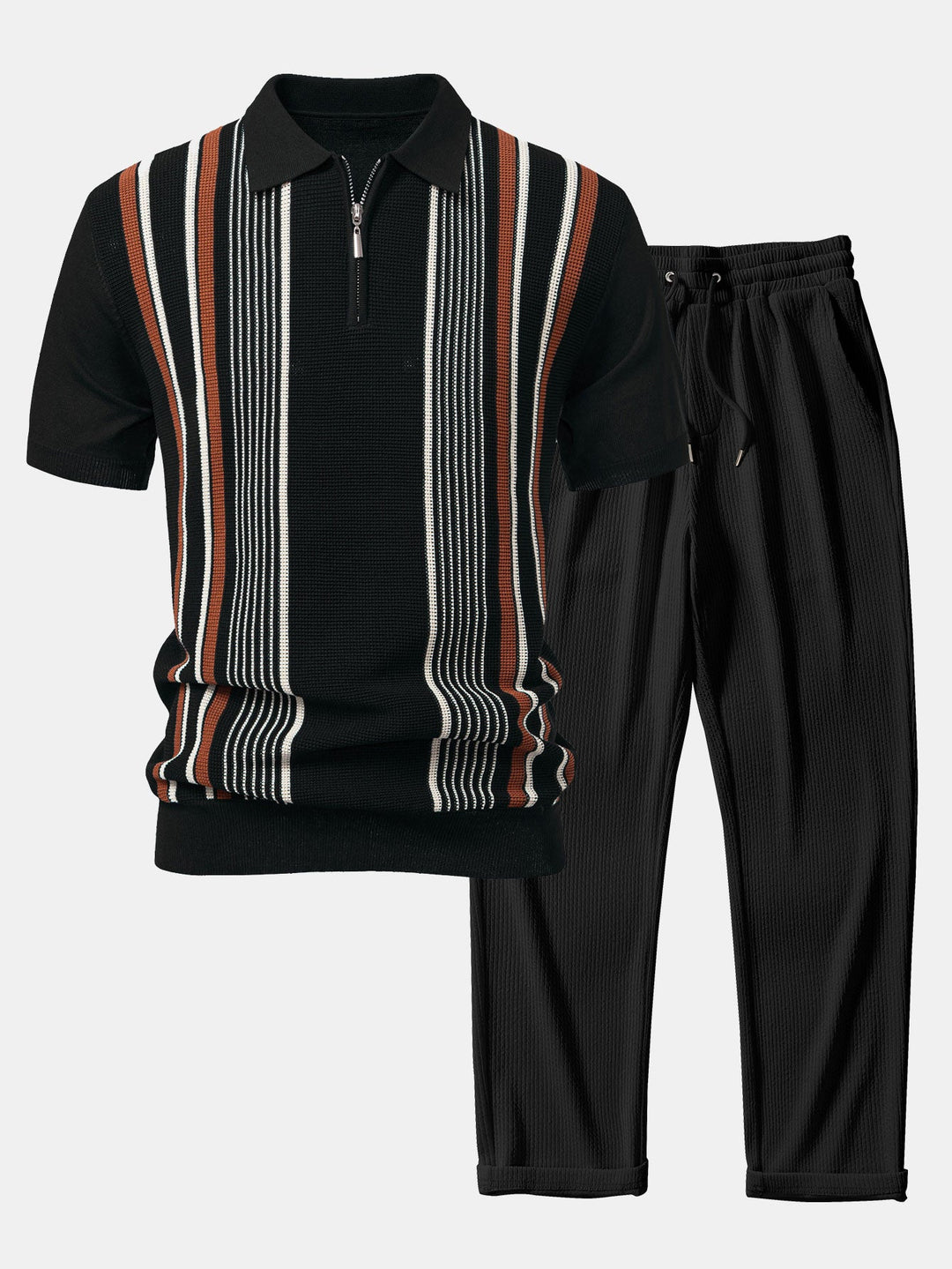 Gestreepte gebreide Polo met rits & rechte ribgebreide broek